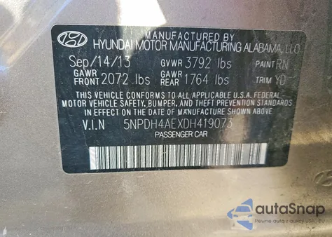 2013 Hyundai Elantra Gls из США, поврежденный, VIN 5NPDH4AEXDH419073